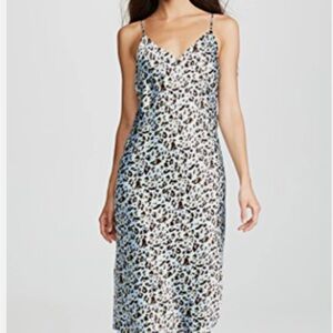 L'AGENCE Blue Floral Midi Slip Dress with Spaghetti Straps and V-Neck